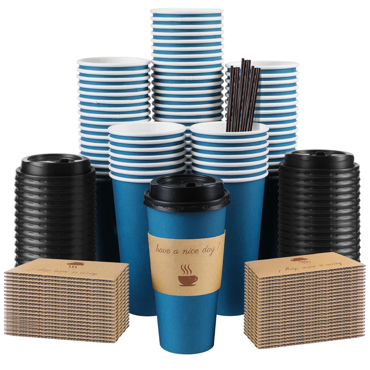 Clawsoff 100 Pack 16 oz Disposable Paper Coffee Cups with Lids(Black)