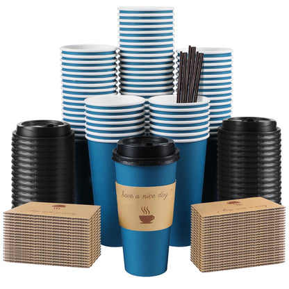 Clawsoff 100 Pack 16 oz Disposable Paper Coffee Cups with Lids(Black)