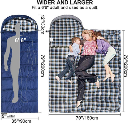 REDCAMP Flannel Sleeping Bag for Adults, Comfortable Cotton Envelope Sleeping Bags for Camping, Backpacking, Hiking, with Detachable Hood&Compression Sack, Blue/Red/Grey/Black