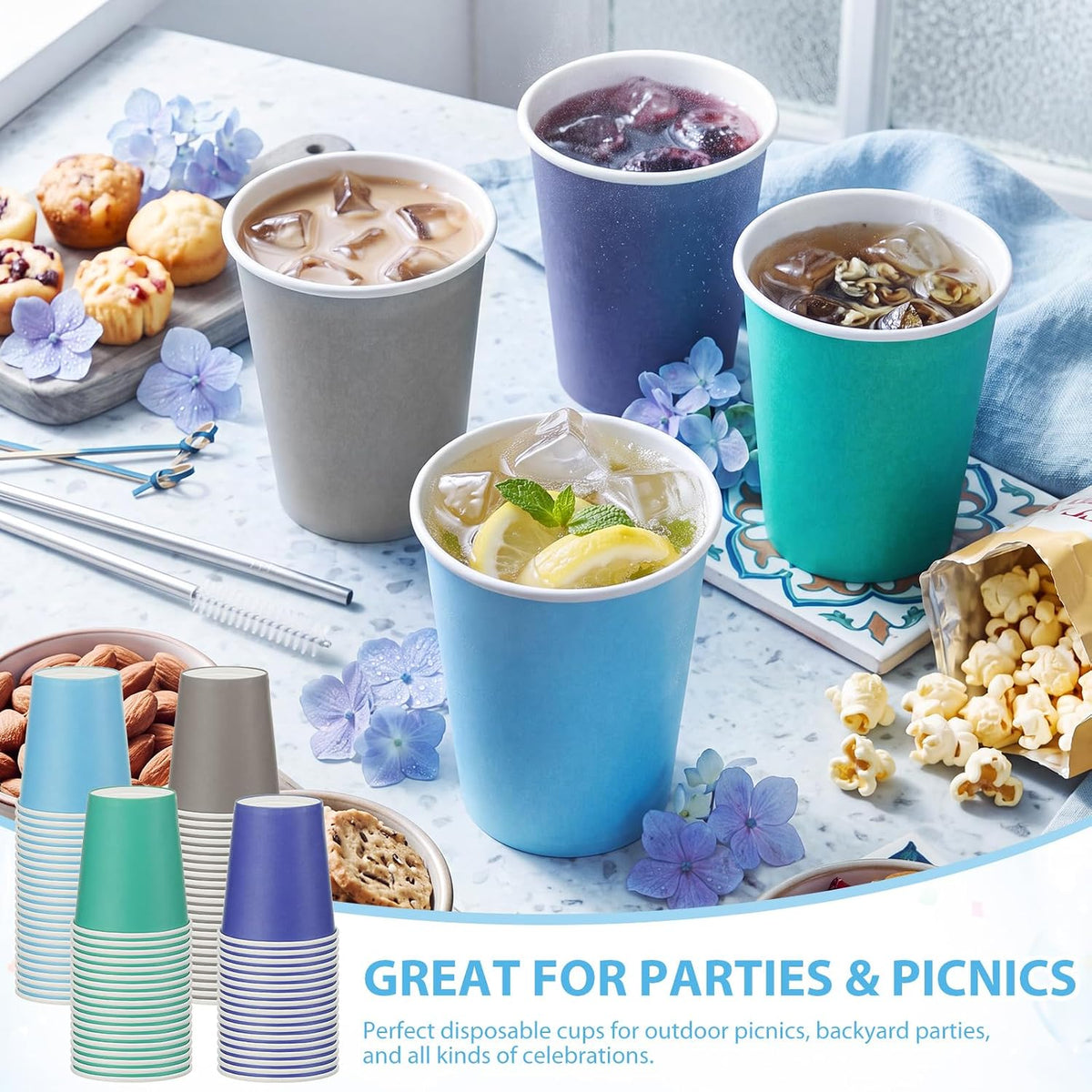 120 Pcs 9 oz Blue Disposable Paper Cups Bulk for Coffee Tea Juice
