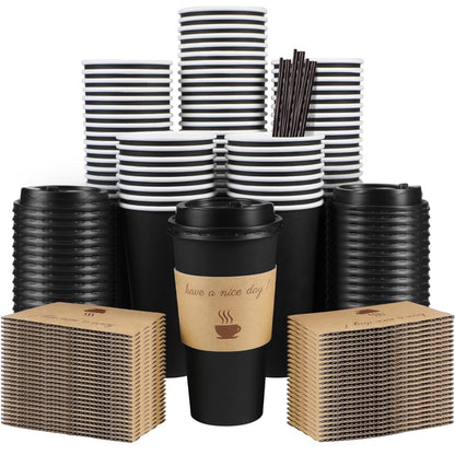 Clawsoff 100 Pack 16 oz Disposable Paper Coffee Cups with Lids(Black)