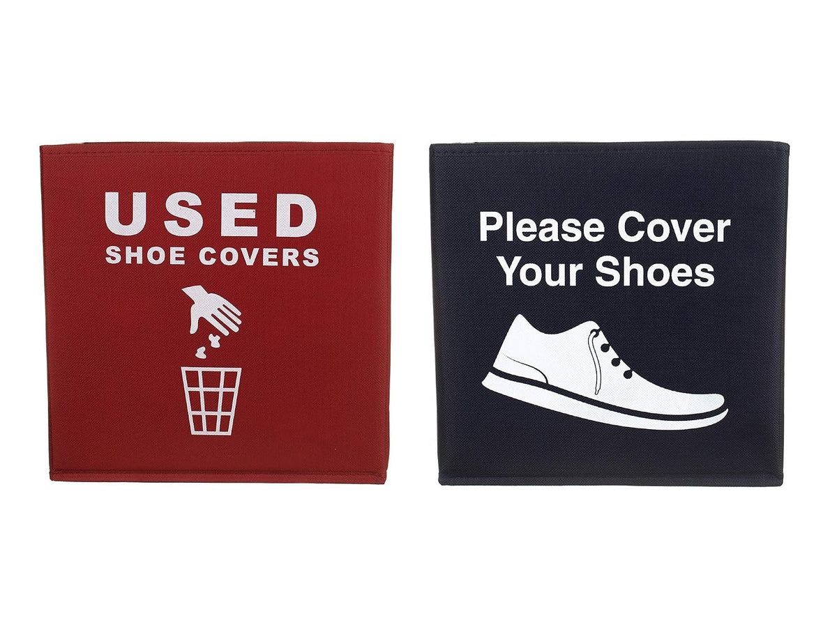 2 Pack Shoe Cover Boxes for Realtor, Home, Office. Blue and Red Foldable Boxes Come as a Set with Please Cover Your Shoes and Used Shoe Covers Sign for Disposable Booties