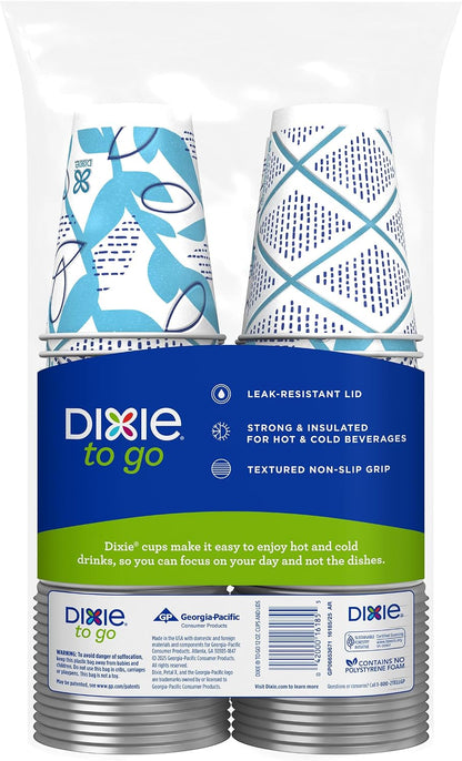 Dixie To Go Disposable Paper Cups with Leak-Resistant Lids, 12 oz, 60 Count