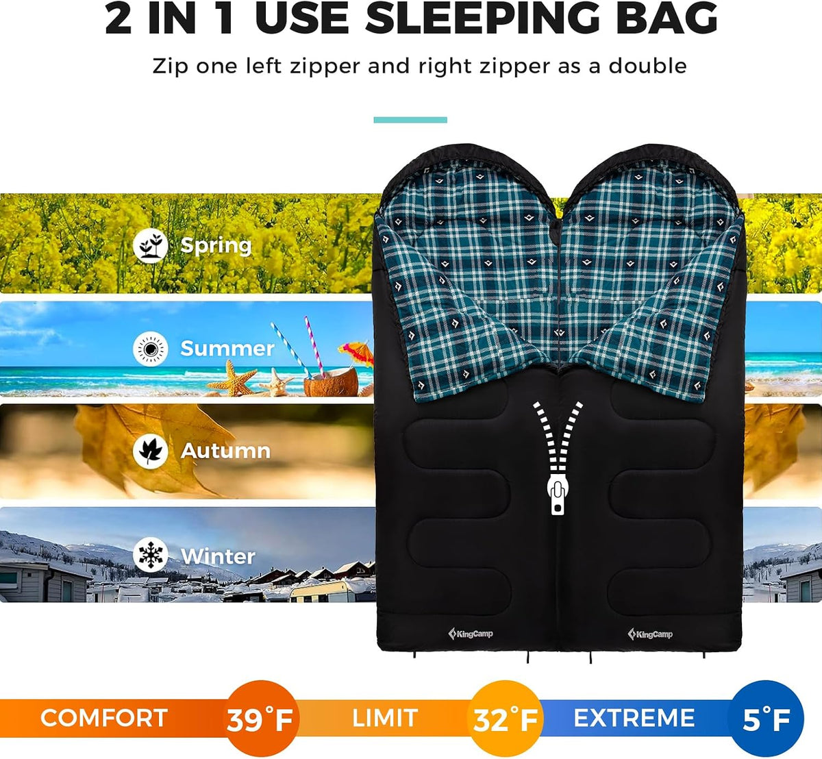 KingCamp Sleeping Bag for Adults, 100% Flannel XL Big and Tall