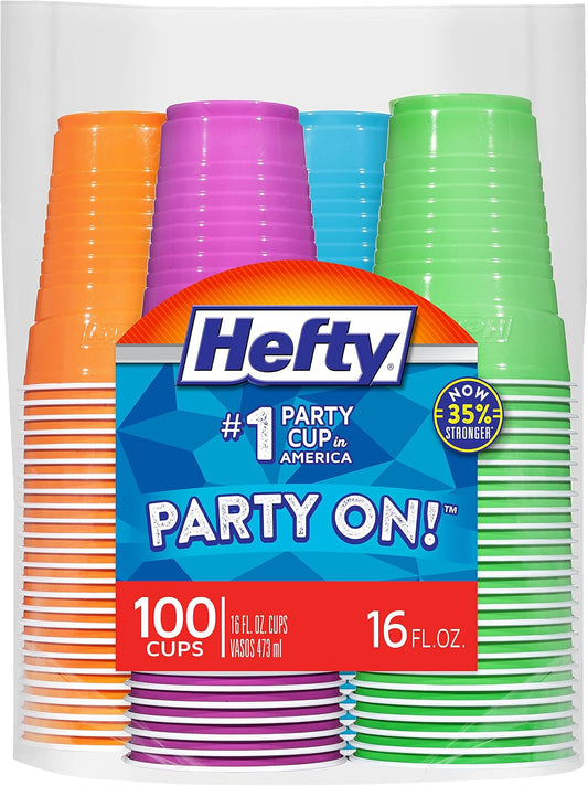 Hefty Party On Disposable Plastic Cups, Assorted, 16 Ounce, 100 Count