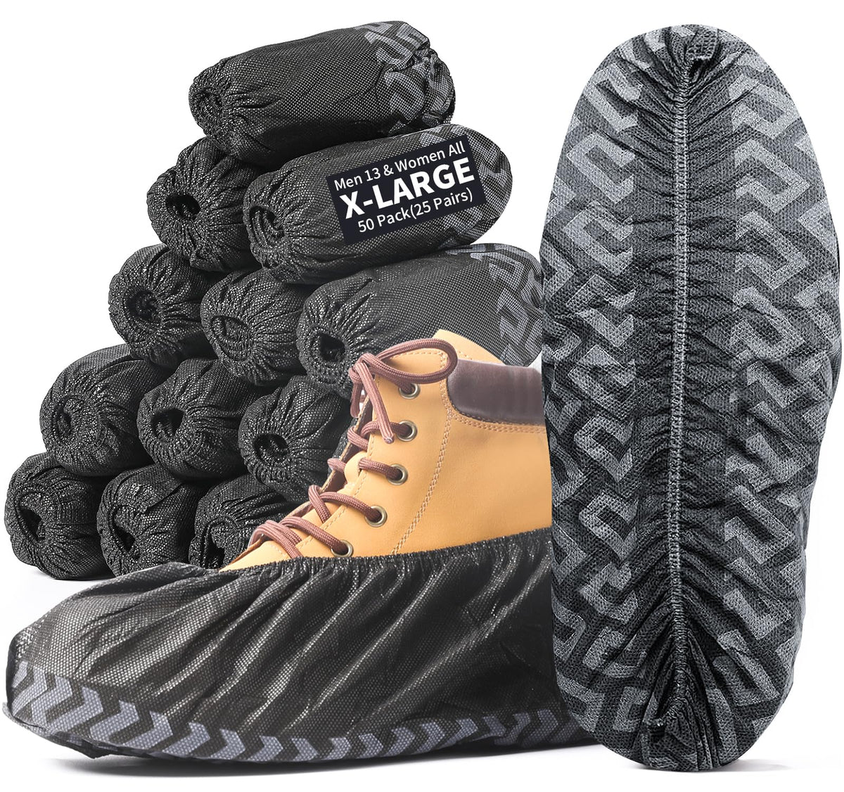 X-Large Shoe Covers Disposable Non-Slip, Non-Woven Fabric Boot Covers, Stretchable Fits Up to Size 13 US Men (Black, 200 Pack)