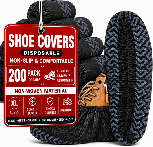 200 Pack XL Disposable Shoe Covers, Non-Slip, Black Non-Woven