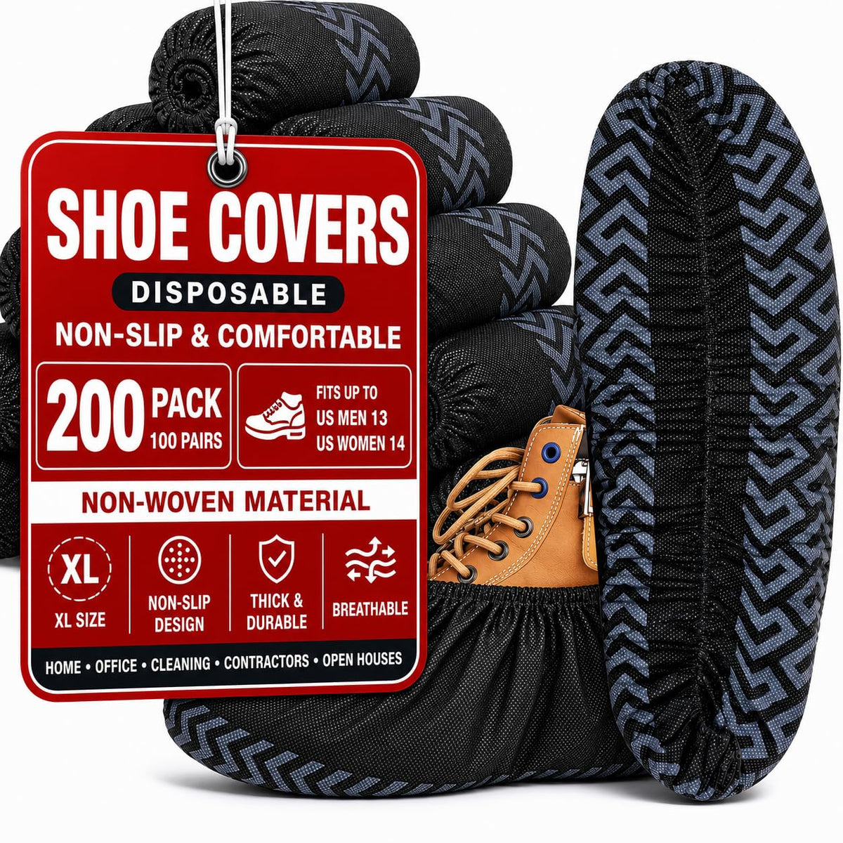 200 Pack XL Disposable Shoe Covers, Non-Slip, Black Non-Woven