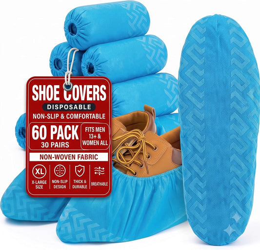Disposable Shoe Covers, 60 Pack XL Non-Woven Booties, Breathable & Stretchable, Fits Most Shoes, Floor & Carpet Protector for Guests, Real Estate Showings, Contractors, Cleaning