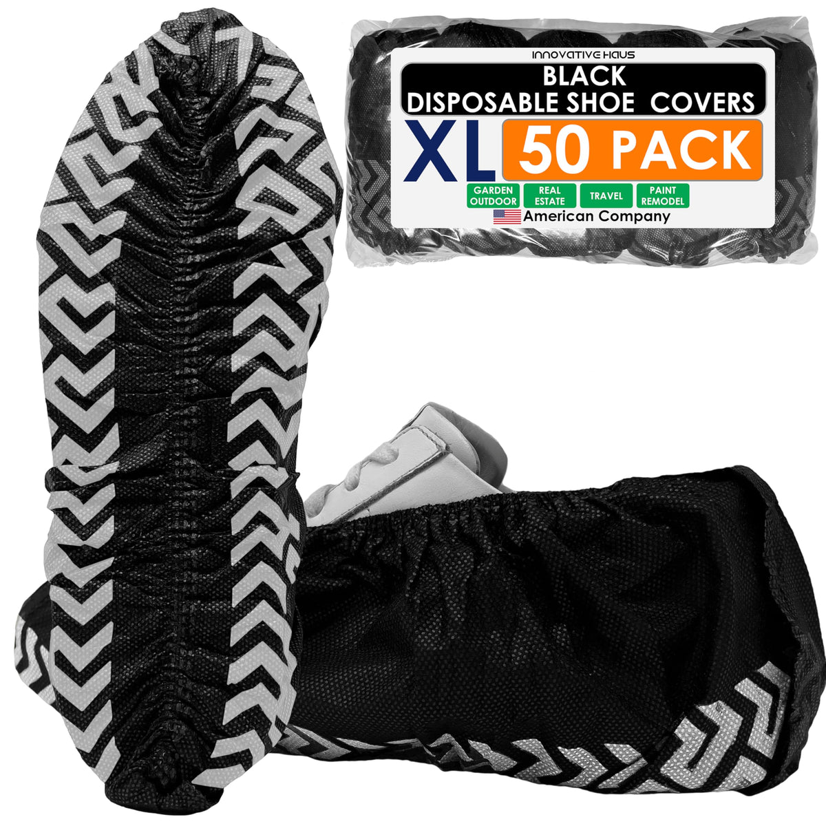 Innovative Haus Black Disposable Shoe Covers Non Slip Booties, XL, 200 Pack