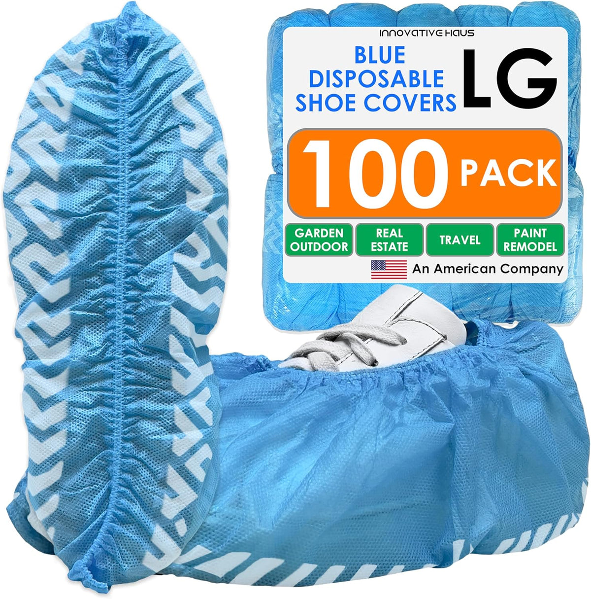 Innovative Haus Blue Disposable Shoe Covers, Non Slip Booties, 100 Pack, LG