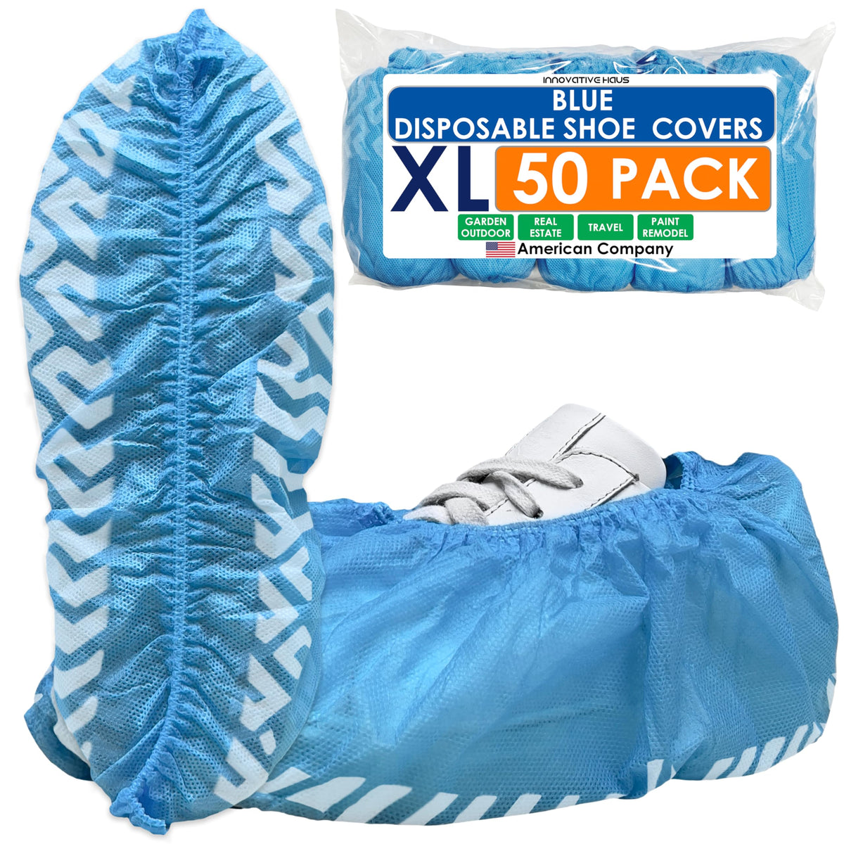 Innovative Haus Blue Disposable Shoe Covers, Non Slip Booties, 100 Pack, LG