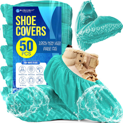 Blue Shoe Guys Premium Disposable Boot & Shoe Covers Booties | 100 Pack | Durable, Non-Slip, Non-Toxic, Water Resistant, Recyclable Protectors for Indoor & Outdoor | Large Size Fits Most Shoes