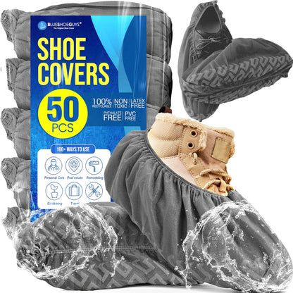 Premium Boot & Shoe Covers Disposable Booties - 100 Pack - Durable, Non-Slip, Non-Toxic, Water Resistant, Recyclable Protectors for Indoor & Outdoor - Large Size Fits Most Shoes