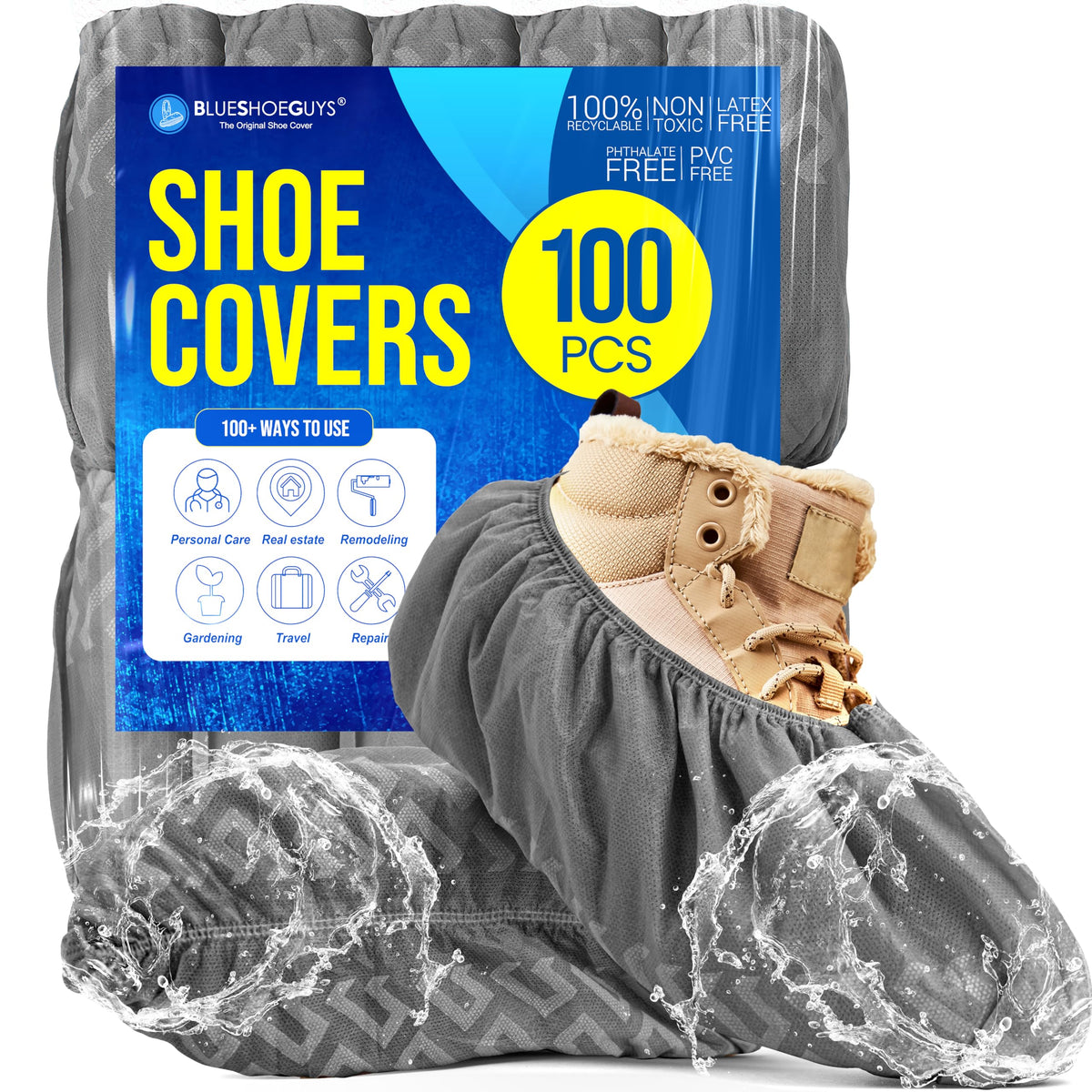 Blue Shoe Guys Premium Disposable Boot & Shoe Covers Booties | 100 Pack | Durable, Non-Slip, Non-Toxic, Water Resistant, Recyclable Protectors for Indoor & Outdoor | Large Size Fits Most Shoes