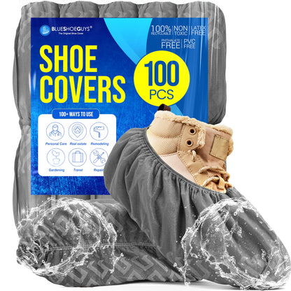 Blue Shoe Guys Premium Disposable Boot & Shoe Covers Booties | 100 Pack | Durable, Non-Slip, Non-Toxic, Water Resistant, Recyclable Protectors for Indoor & Outdoor | Large Size Fits Most Shoes