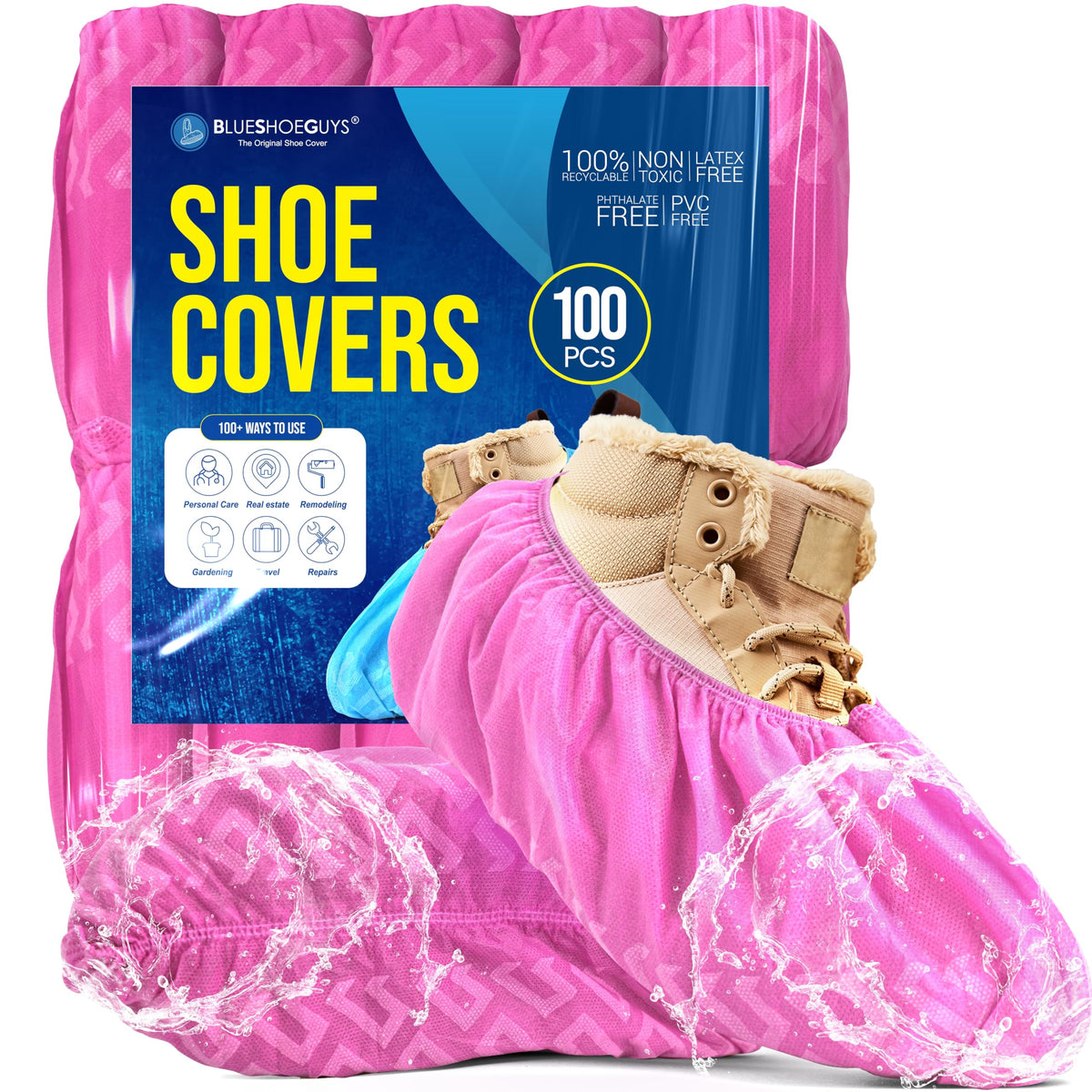 Blue Shoe Guys Premium Disposable Boot & Shoe Covers Booties | 100 Pack | Durable, Non-Slip, Non-Toxic, Water Resistant, Recyclable Protectors for Indoor & Outdoor | Large Size Fits Most Shoes