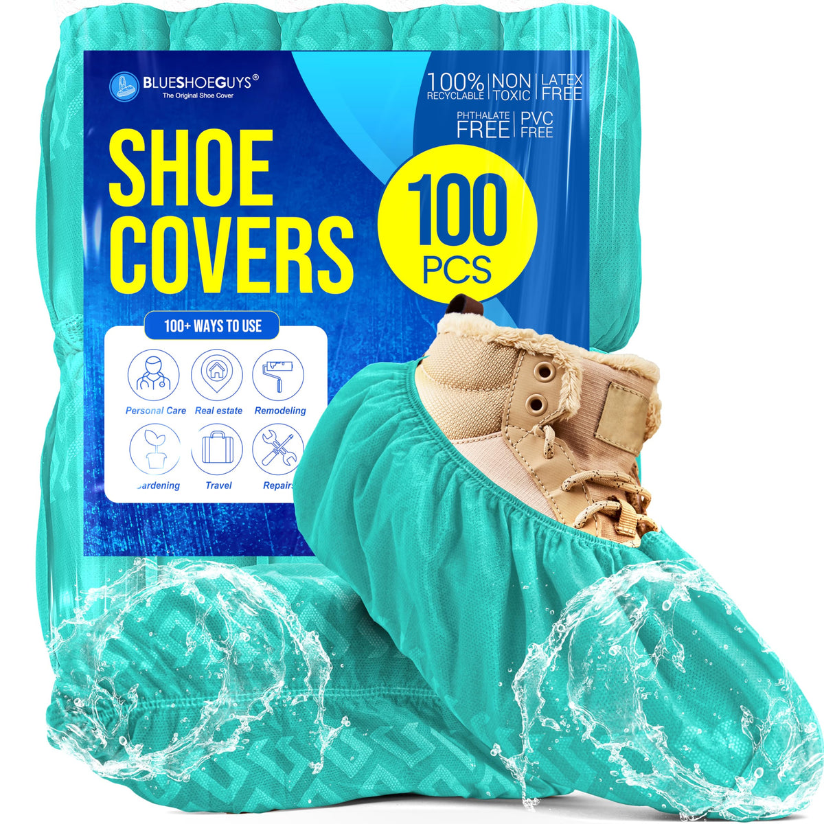 Blue Shoe Guys Premium Disposable Boot & Shoe Covers Booties | 100 Pack | Durable, Non-Slip, Non-Toxic, Water Resistant, Recyclable Protectors for Indoor & Outdoor | Large Size Fits Most Shoes
